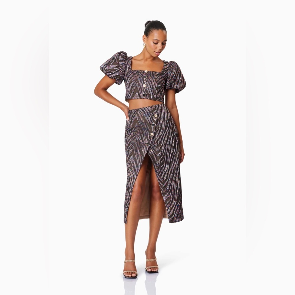 Elliatt Mikayla Crop Top and Maxi Skirt Two Piece Set In Purple Multi Small NWT